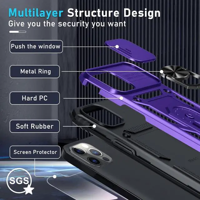 Alt view image 4 of 7 - Case for iPhone 12 & 12 Pro Phone Cover Built in Slide Camera Lens Cover+Screen Protector Heavy Duty Shockproof Full Body PhoneCase with Finger Ring Holder Kickstand Purple