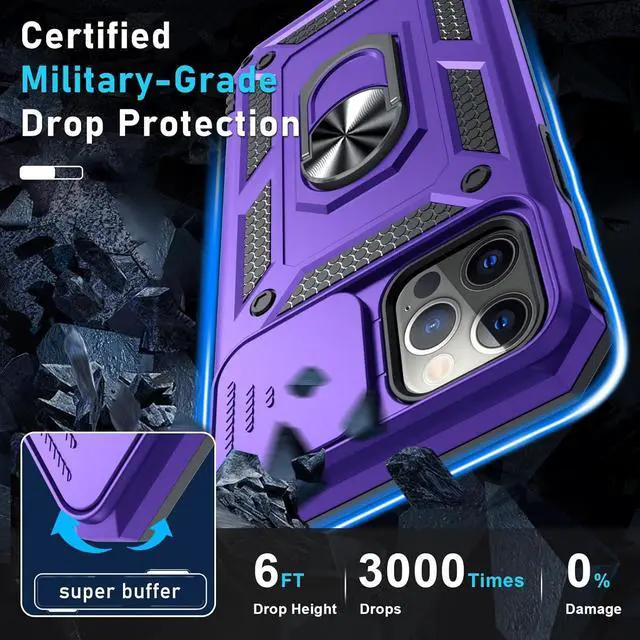 Alt view image 5 of 7 - Case for iPhone 12 & 12 Pro Phone Cover Built in Slide Camera Lens Cover+Screen Protector Heavy Duty Shockproof Full Body PhoneCase with Finger Ring Holder Kickstand Purple