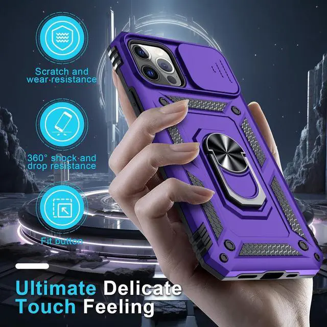 Alt view image 7 of 7 - Case for iPhone 12 & 12 Pro Phone Cover Built in Slide Camera Lens Cover+Screen Protector Heavy Duty Shockproof Full Body PhoneCase with Finger Ring Holder Kickstand Purple