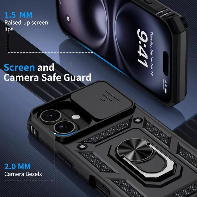 Alt view image 5 of 6 - for iPhone 16 Case with 2X HD Screen Protector & Slide Camera Cover & Rotated Ring Kickstand [Military-Grade] Rugged Heavy Duty Protective Phone Case for iPhone 16 6.1 inch Black