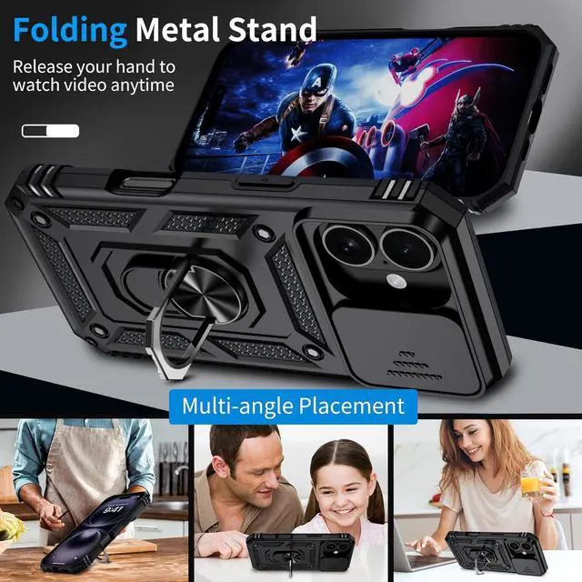 Alt view image 2 of 6 - for iPhone 16 Case with 2X HD Screen Protector & Slide Camera Cover & Rotated Ring Kickstand [Military-Grade] Rugged Heavy Duty Protective Phone Case for iPhone 16 6.1 inch Black