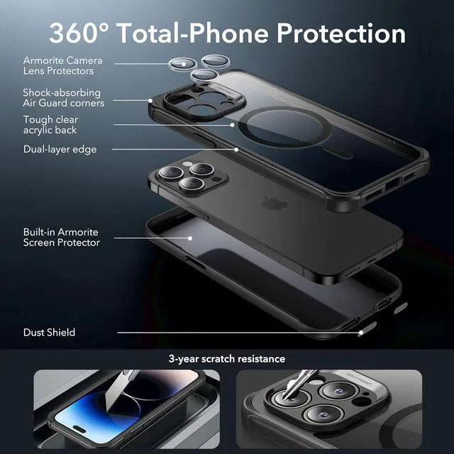 Alt view image 3 of 7 - for iPhone 14 Pro Max Case Compatible with MagSafe Full-Body Military-Grade Drop Proof Case for iPhone 14 Pro Max with Built-in 9H+ Tempered Glass Screen Protector Clear Black