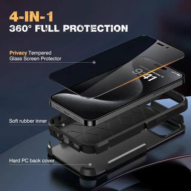 Alt view image 2 of 7 - Designed for iPhone 15 Pro Max Case [with Privacy Screen Protector] [Anti Spy] [Military Grade Drop Protection] Heavy Duty Full-Body Shockproof Phone Case Black