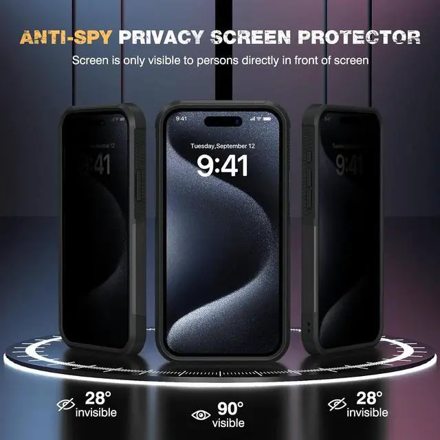 Alt view image 3 of 7 - Designed for iPhone 15 Pro Max Case [with Privacy Screen Protector] [Anti Spy] [Military Grade Drop Protection] Heavy Duty Full-Body Shockproof Phone Case Black