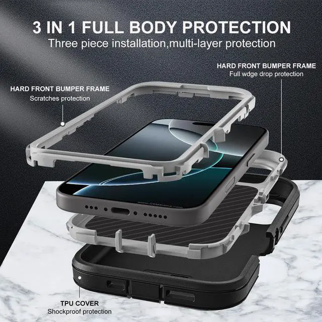 Alt view image 4 of 6 - for iPhone 16 Pro Case Military Grade 3 in 1 Heavy Duty Shockproof/Drop Proof/Dust Proof Case with 2Pcs Tempered Glass Screen Protector (Black/Grey)