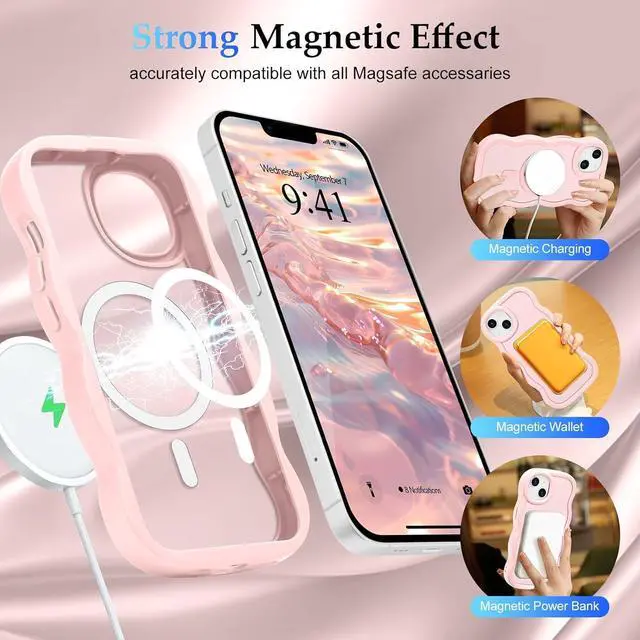 Alt view image 3 of 7 - for iPhone 14 Plus/iPhone 15 Plus Case Curly Wave Frame Hard Translucent Clear Cover for Women Men Compatible with Magsafe TPU Bumper Shockproof Phone Case for iPhone 14 Plus/15 Plus Pink