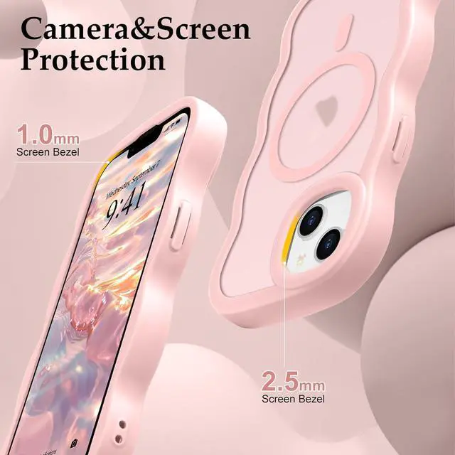 Alt view image 5 of 7 - for iPhone 14 Plus/iPhone 15 Plus Case Curly Wave Frame Hard Translucent Clear Cover for Women Men Compatible with Magsafe TPU Bumper Shockproof Phone Case for iPhone 14 Plus/15 Plus Pink