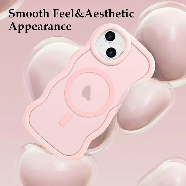 Alt view image 6 of 7 - for iPhone 14 Plus/iPhone 15 Plus Case Curly Wave Frame Hard Translucent Clear Cover for Women Men Compatible with Magsafe TPU Bumper Shockproof Phone Case for iPhone 14 Plus/15 Plus Pink