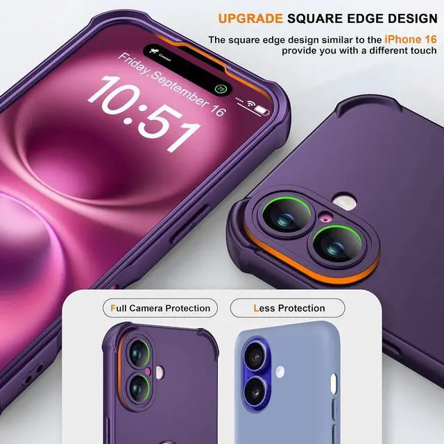 Alt view image 2 of 7 - for iPhone 16 Case with 2 x Screen Protectors (15FT Military Drop Protection)(Full Camera Protection) Full Body Shockproof Bumper Anti Scratch Slim Phone Case for iPhone 16 - Purple