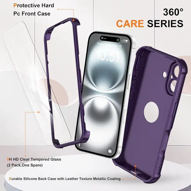 Alt view image 4 of 7 - for iPhone 16 Case with 2 x Screen Protectors (15FT Military Drop Protection)(Full Camera Protection) Full Body Shockproof Bumper Anti Scratch Slim Phone Case for iPhone 16 - Purple