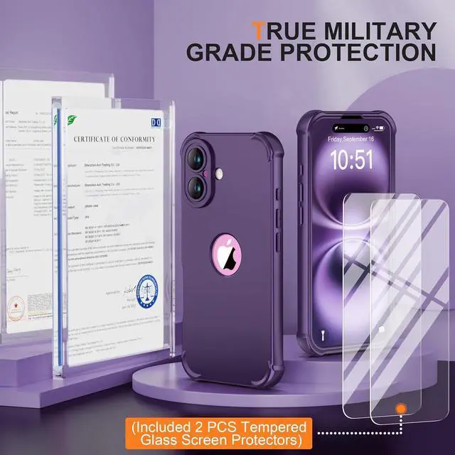 Alt view image 5 of 7 - for iPhone 16 Case with 2 x Screen Protectors (15FT Military Drop Protection)(Full Camera Protection) Full Body Shockproof Bumper Anti Scratch Slim Phone Case for iPhone 16 - Purple