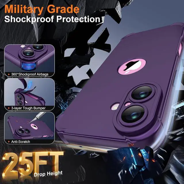 Alt view image 3 of 7 - for iPhone 16 Case with 2 x Screen Protectors (15FT Military Drop Protection)(Full Camera Protection) Full Body Shockproof Bumper Anti Scratch Slim Phone Case for iPhone 16 - Purple