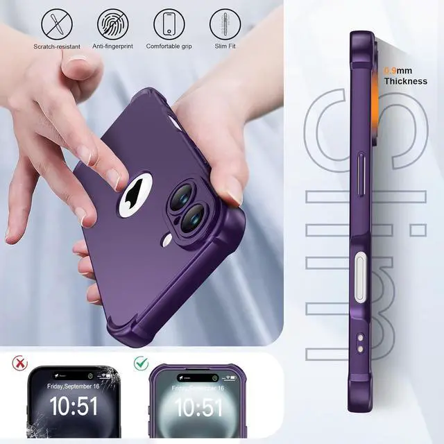 Alt view image 6 of 7 - for iPhone 16 Case with 2 x Screen Protectors (15FT Military Drop Protection)(Full Camera Protection) Full Body Shockproof Bumper Anti Scratch Slim Phone Case for iPhone 16 - Purple
