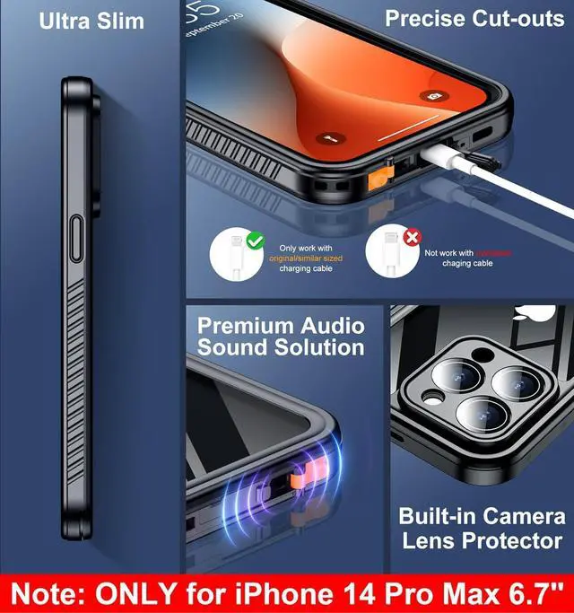 Alt view image 3 of 7 - Only Designed for iPhone 14 Pro Max Case Waterproof [12FT Military Dropproof] [Built-in Screen Protector] [IP68 Underwater] Full Body Shockproof Protective Phone Case 6.7 2022 Black