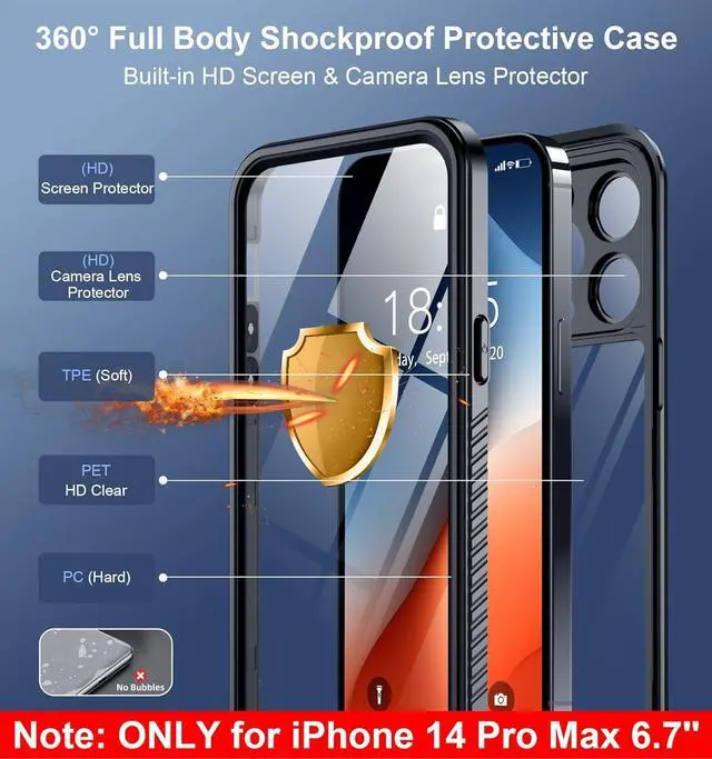 Alt view image 5 of 7 - Only Designed for iPhone 14 Pro Max Case Waterproof [12FT Military Dropproof] [Built-in Screen Protector] [IP68 Underwater] Full Body Shockproof Protective Phone Case 6.7 2022 Black