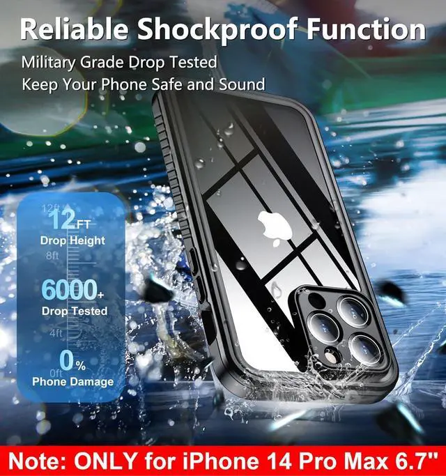 Alt view image 6 of 7 - Only Designed for iPhone 14 Pro Max Case Waterproof [12FT Military Dropproof] [Built-in Screen Protector] [IP68 Underwater] Full Body Shockproof Protective Phone Case 6.7 2022 Black
