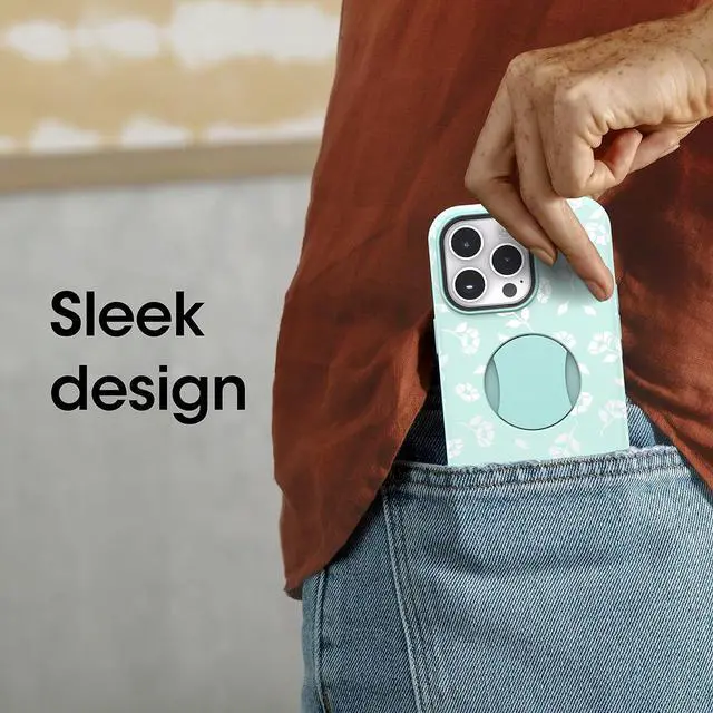 Alt view image 3 of 6 - iPhone 14 Pro Max OtterGrip Symmetry Series Case - POPPIES BY THE SEA (Blue) built-in grip sleek case snaps to MagSafe raised edges protect camera & screen