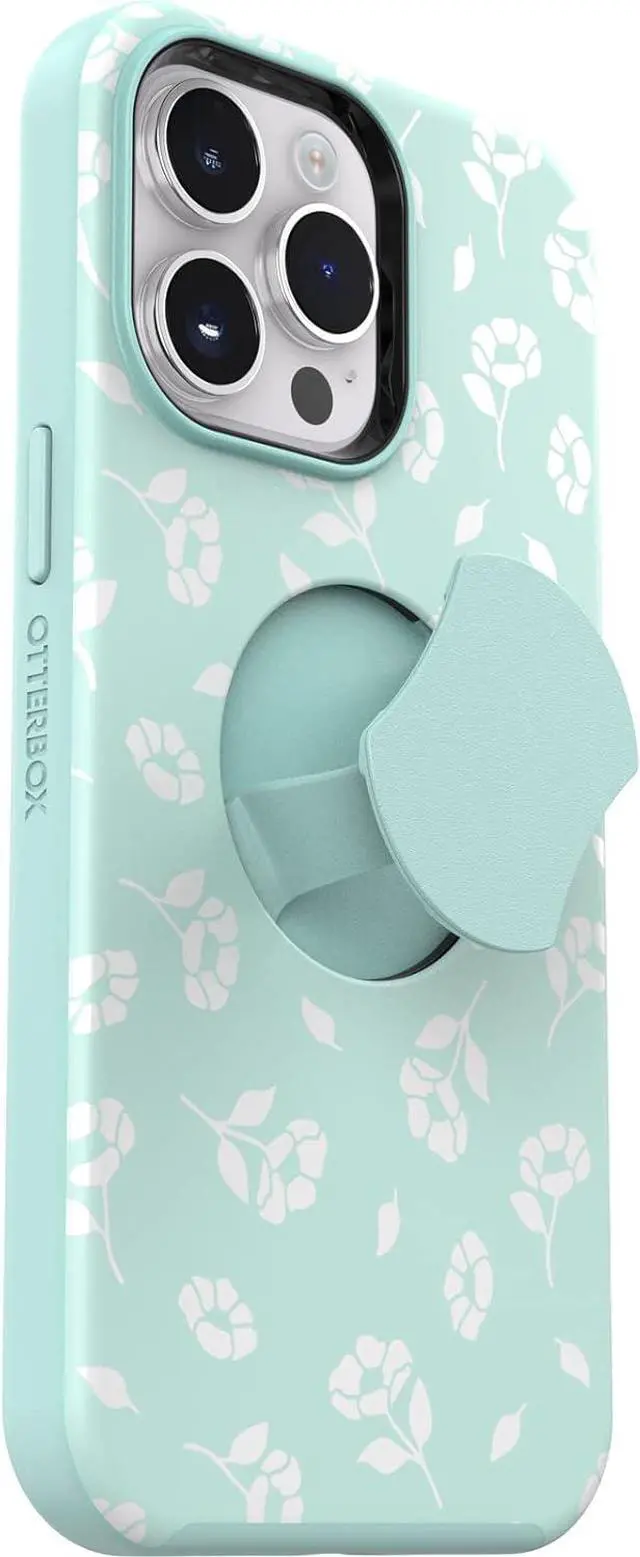 Alt view image 5 of 6 - iPhone 14 Pro Max OtterGrip Symmetry Series Case - POPPIES BY THE SEA (Blue) built-in grip sleek case snaps to MagSafe raised edges protect camera & screen