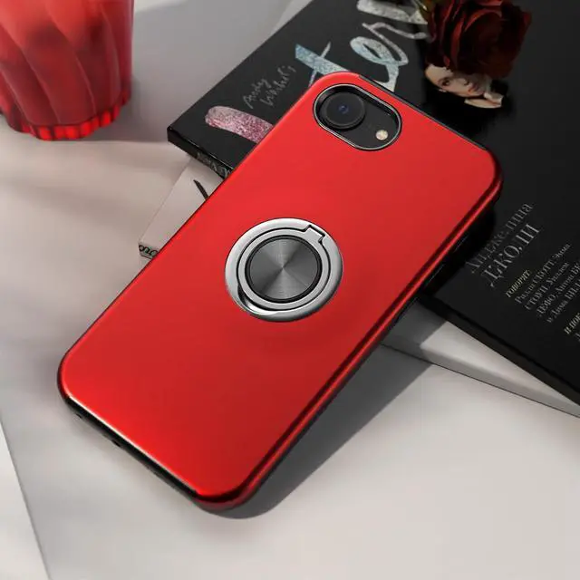Alt view image 2 of 7 - for iPhone 16e Case with Screen Protector(Tempered Glass) Hybrid 2 in 1 Protective Slim Fit Sturdy Shockproof Phone Case with Invisible Magnetic Ring Kickstand for iPhone 16e 6.1 Inch Red