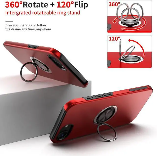 Alt view image 4 of 7 - for iPhone 16e Case with Screen Protector(Tempered Glass) Hybrid 2 in 1 Protective Slim Fit Sturdy Shockproof Phone Case with Invisible Magnetic Ring Kickstand for iPhone 16e 6.1 Inch Red