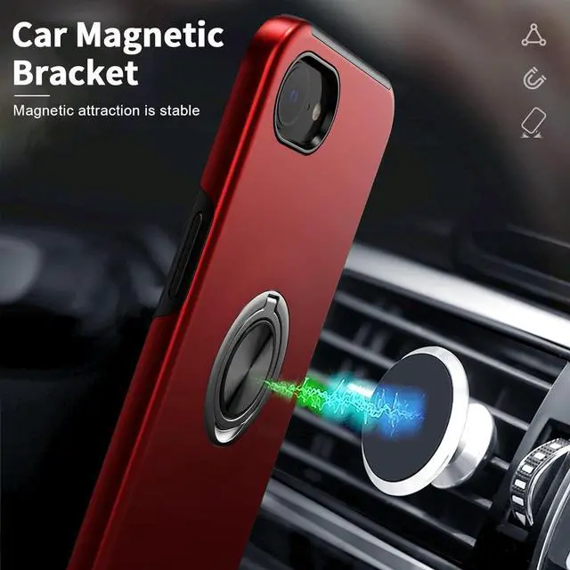 Alt view image 5 of 7 - for iPhone 16e Case with Screen Protector(Tempered Glass) Hybrid 2 in 1 Protective Slim Fit Sturdy Shockproof Phone Case with Invisible Magnetic Ring Kickstand for iPhone 16e 6.1 Inch Red