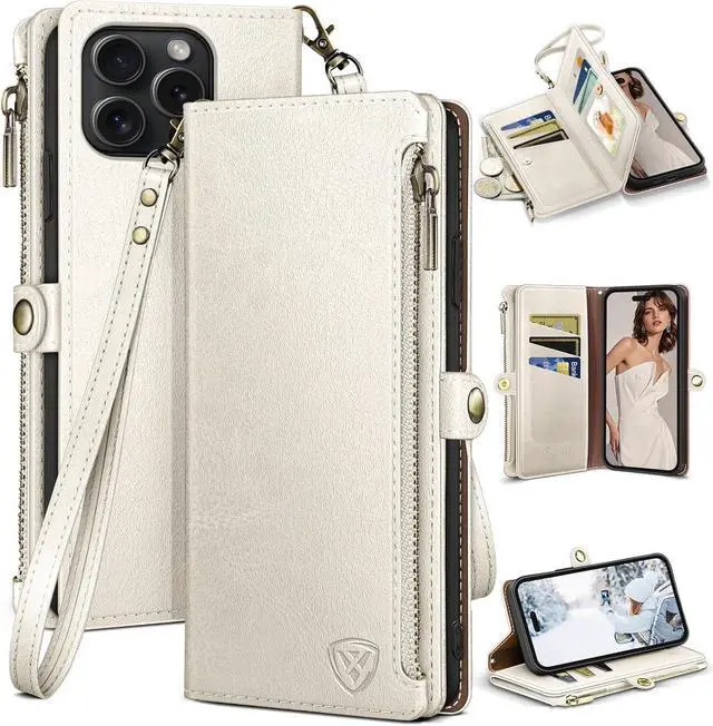 Main image of for iPhone 14 Pro Max 6.7 Wallet case with Zipper Credit Card HolderRFID Blocking Flip Folio Book PU Leather Phone case Shockproof Cover Women Men for  14 Pro Max case White