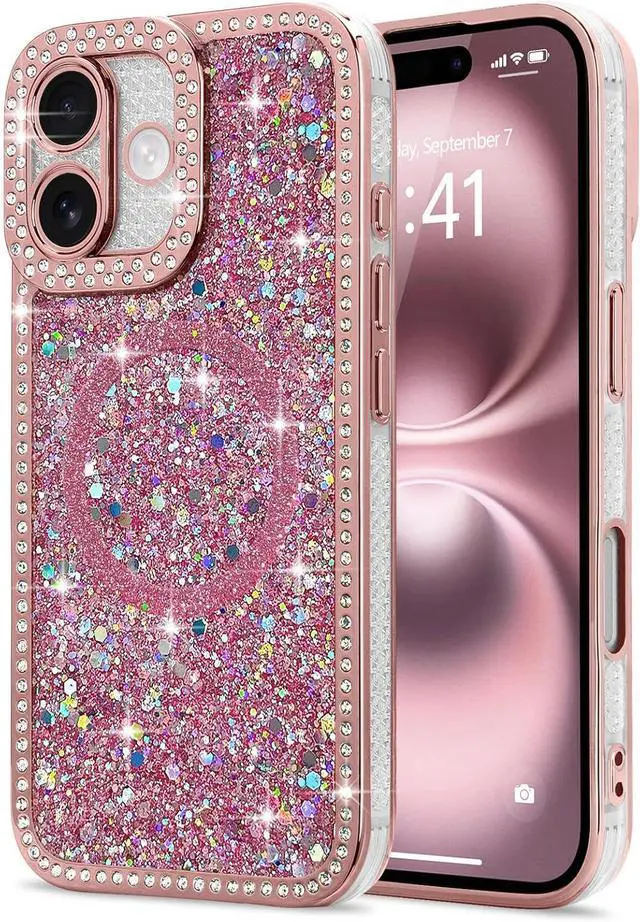 Main image of for iPhone 16 Case Glitter Luxury Bling Sparkly Rhinestone Diamonds Cover Compatible with MagSafe for Women Girls Soft TPU Slim Shockproof Protective Phone Case for iPhone 16 6.1 Pink