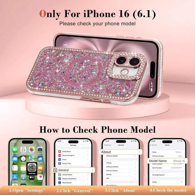 Alt view image 2 of 7 - for iPhone 16 Case Glitter Luxury Bling Sparkly Rhinestone Diamonds Cover Compatible with MagSafe for Women Girls Soft TPU Slim Shockproof Protective Phone Case for iPhone 16 6.1 Pink