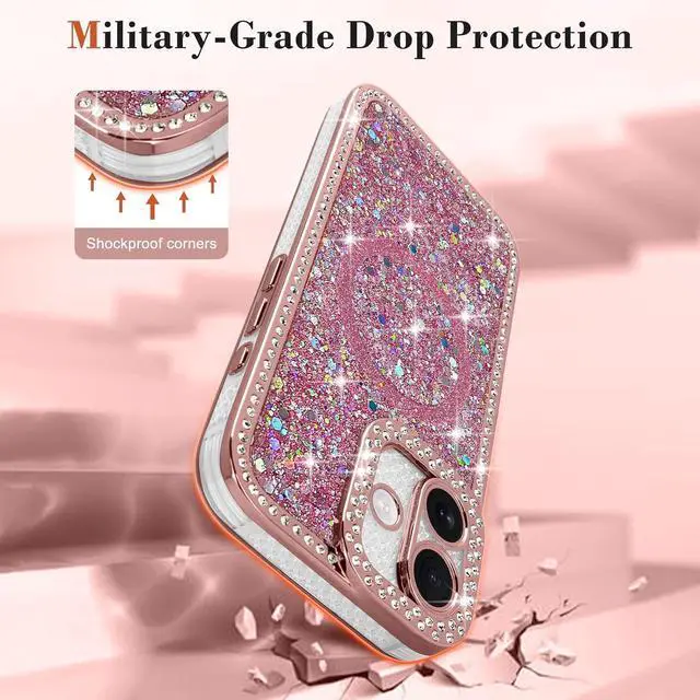 Alt view image 3 of 7 - for iPhone 16 Case Glitter Luxury Bling Sparkly Rhinestone Diamonds Cover Compatible with MagSafe for Women Girls Soft TPU Slim Shockproof Protective Phone Case for iPhone 16 6.1 Pink