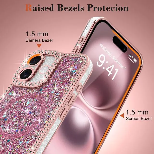 Alt view image 4 of 7 - for iPhone 16 Case Glitter Luxury Bling Sparkly Rhinestone Diamonds Cover Compatible with MagSafe for Women Girls Soft TPU Slim Shockproof Protective Phone Case for iPhone 16 6.1 Pink