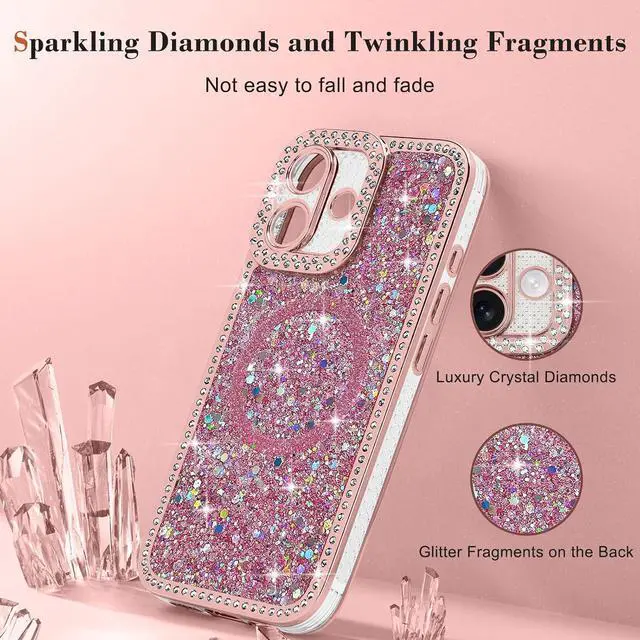 Alt view image 5 of 7 - for iPhone 16 Case Glitter Luxury Bling Sparkly Rhinestone Diamonds Cover Compatible with MagSafe for Women Girls Soft TPU Slim Shockproof Protective Phone Case for iPhone 16 6.1 Pink