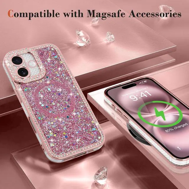 Alt view image 6 of 7 - for iPhone 16 Case Glitter Luxury Bling Sparkly Rhinestone Diamonds Cover Compatible with MagSafe for Women Girls Soft TPU Slim Shockproof Protective Phone Case for iPhone 16 6.1 Pink