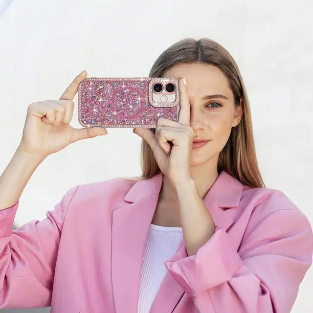 Alt view image 7 of 7 - for iPhone 16 Case Glitter Luxury Bling Sparkly Rhinestone Diamonds Cover Compatible with MagSafe for Women Girls Soft TPU Slim Shockproof Protective Phone Case for iPhone 16 6.1 Pink