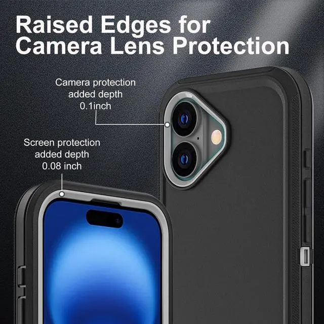 Alt view image 3 of 6 - for iPhone 16 Case Military Grade 3 in 1 Heavy Duty Shockproof/Drop Proof/Dust Proof Case with 2Pcs Tempered Glass Screen Protector (Black/Grey)
