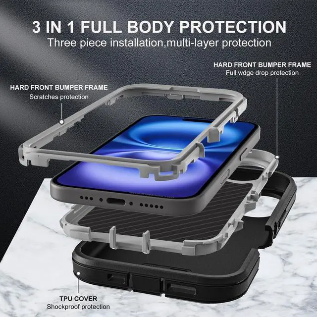 Alt view image 4 of 6 - for iPhone 16 Case Military Grade 3 in 1 Heavy Duty Shockproof/Drop Proof/Dust Proof Case with 2Pcs Tempered Glass Screen Protector (Black/Grey)