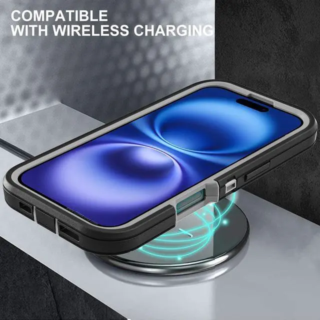 Alt view image 6 of 6 - for iPhone 16 Case Military Grade 3 in 1 Heavy Duty Shockproof/Drop Proof/Dust Proof Case with 2Pcs Tempered Glass Screen Protector (Black/Grey)