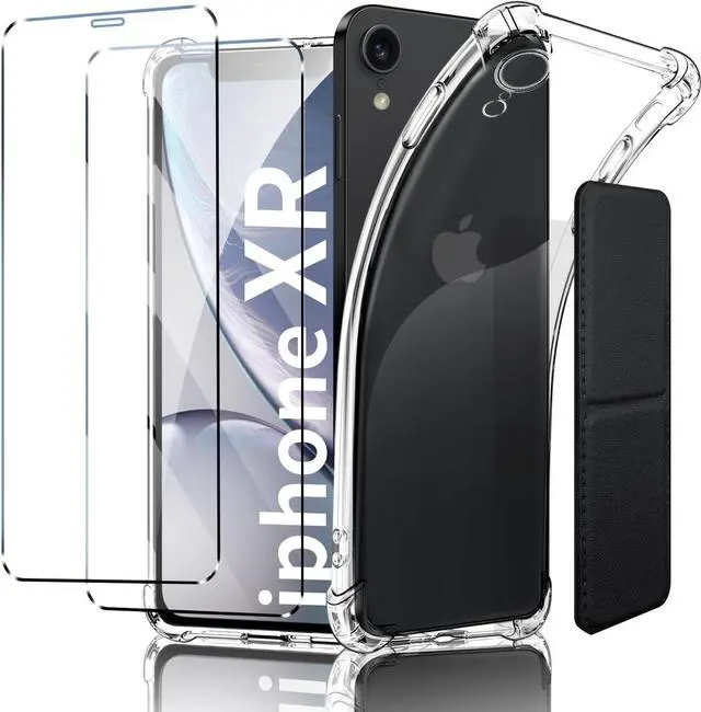 Main image of for iPhone XR 6.1-Inch Case Shockproof TPU Clear Cover with 2 Pack Tempered Glass Screen Protectors & Leather Kickstand (3M Adhesive Mount) for Stand/Horizontal Viewing Clear
