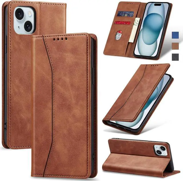 Main image of Flip Wallet Case for iPhone 15 Leather Magnetic Folio Cover with Card Holder Kickstand - TPU Shockproof Durable Protective Phone Case Brown