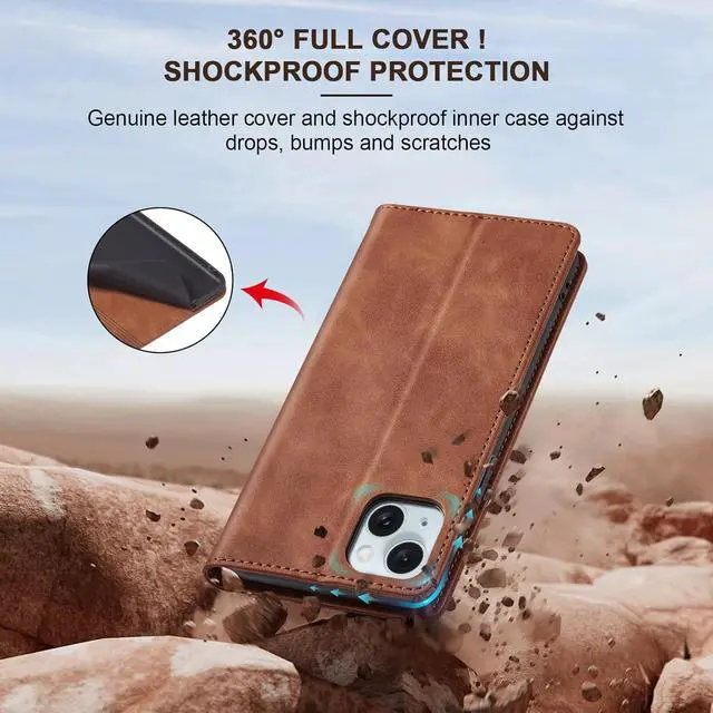 Alt view image 4 of 7 - Flip Wallet Case for iPhone 15 Leather Magnetic Folio Cover with Card Holder Kickstand - TPU Shockproof Durable Protective Phone Case Brown