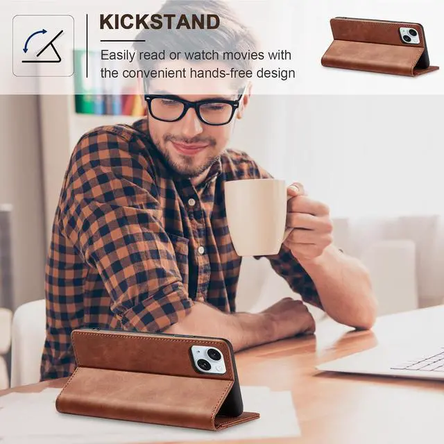 Alt view image 5 of 7 - Flip Wallet Case for iPhone 15 Leather Magnetic Folio Cover with Card Holder Kickstand - TPU Shockproof Durable Protective Phone Case Brown