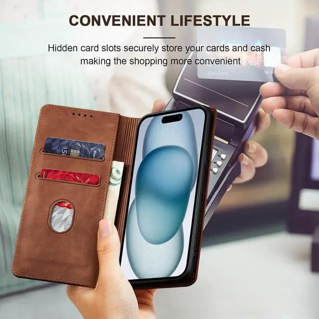 Alt view image 6 of 7 - Flip Wallet Case for iPhone 15 Leather Magnetic Folio Cover with Card Holder Kickstand - TPU Shockproof Durable Protective Phone Case Brown