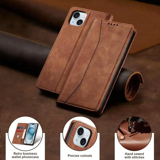 Alt view image 7 of 7 - Flip Wallet Case for iPhone 15 Leather Magnetic Folio Cover with Card Holder Kickstand - TPU Shockproof Durable Protective Phone Case Brown
