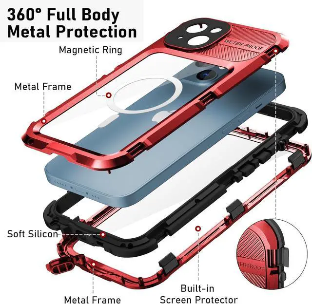 Alt view image 3 of 7 - for iPhone 14 Waterproof Case - Metal Full Body Protection Case Built-in [Screen Protector][IP68 Water Proof][14FT Military Grade Dropproof][Compatible with MagSafe] Phone Cover 6.1 Red