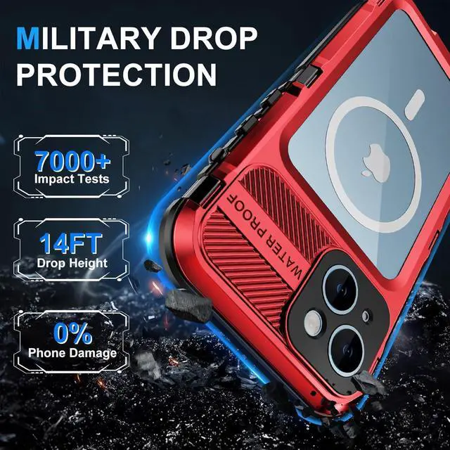 Alt view image 4 of 7 - for iPhone 14 Waterproof Case - Metal Full Body Protection Case Built-in [Screen Protector][IP68 Water Proof][14FT Military Grade Dropproof][Compatible with MagSafe] Phone Cover 6.1 Red