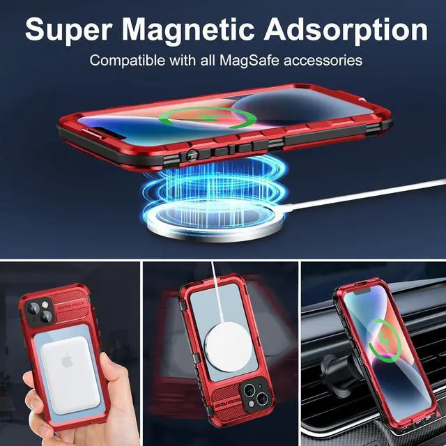 Alt view image 5 of 7 - for iPhone 14 Waterproof Case - Metal Full Body Protection Case Built-in [Screen Protector][IP68 Water Proof][14FT Military Grade Dropproof][Compatible with MagSafe] Phone Cover 6.1 Red