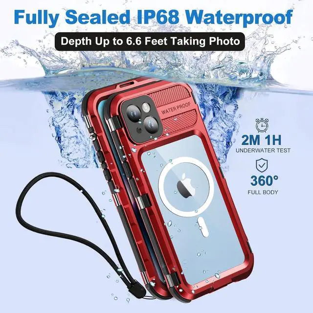 Alt view image 2 of 7 - for iPhone 14 Waterproof Case - Metal Full Body Protection Case Built-in [Screen Protector][IP68 Water Proof][14FT Military Grade Dropproof][Compatible with MagSafe] Phone Cover 6.1 Red