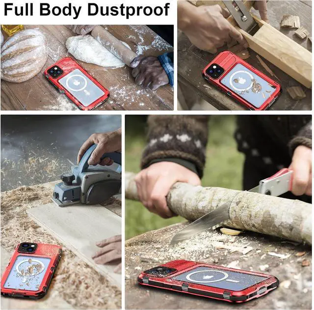 Alt view image 7 of 7 - for iPhone 14 Waterproof Case - Metal Full Body Protection Case Built-in [Screen Protector][IP68 Water Proof][14FT Military Grade Dropproof][Compatible with MagSafe] Phone Cover 6.1 Red
