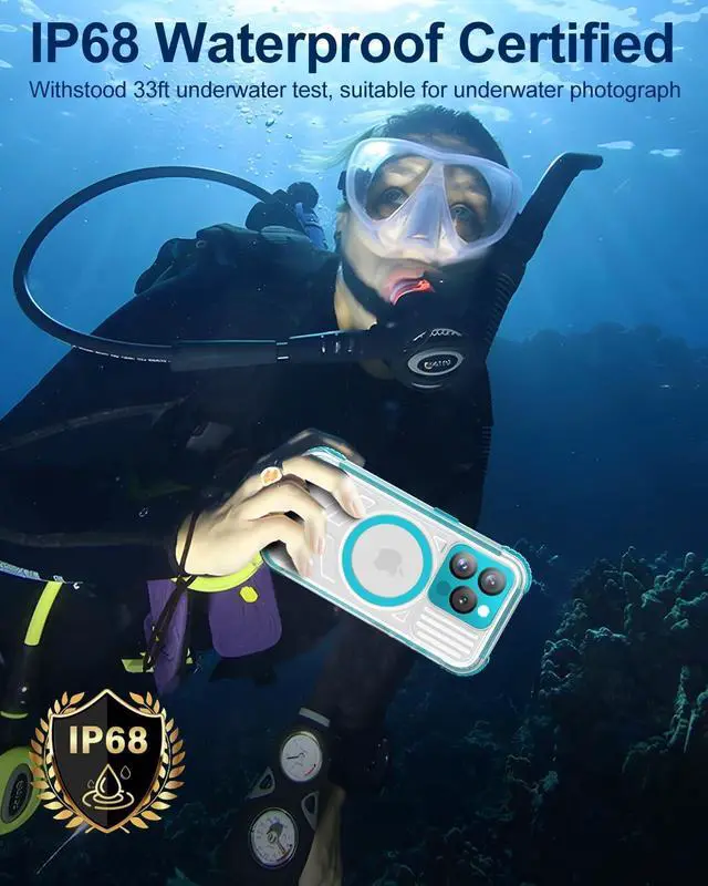 Alt view image 3 of 6 - for iPhone 15 Pro Max Waterproof Case with Magsafe Screen Protector Lanyard IP68 Military Full Body Shockproof for Water Sports Outdoor Work Funda para 15 Pro Max Impermeable 6.7 Teal