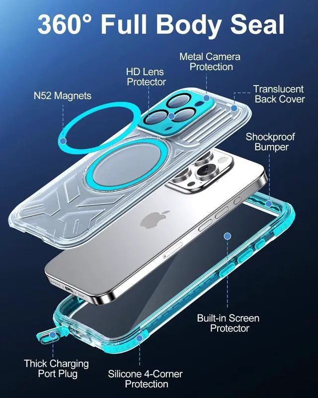 Alt view image 4 of 6 - for iPhone 15 Pro Max Waterproof Case with Magsafe Screen Protector Lanyard IP68 Military Full Body Shockproof for Water Sports Outdoor Work Funda para 15 Pro Max Impermeable 6.7 Teal