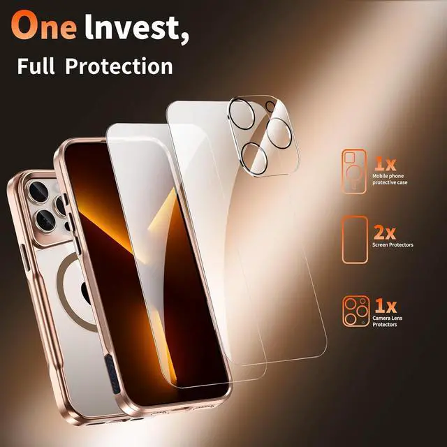 Alt view image 2 of 7 - 4 in 1 Ergonomic Magnetic for iPhone 15 Pro Max Case with 2Pcs Tempered Screen Protector + 1Pcs Lens Protector Military Grade Drop Protection (Gold for iPhone 15 Pro Max 6.7)